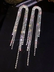 Glamorous Glass Rhinestone Tassel Decor Drop Earrings For Women For Daily Decoration - Silver - View 4