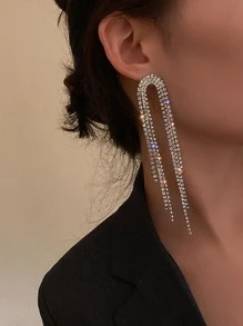 Glamorous Glass Rhinestone Tassel Decor Drop Earrings For Women For Daily Decoration - Silver - View 6