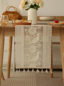 1pc Flower Embroidery Table Runner, Cartoon Polyester Table Liner Decoration, For Dining Table - Beige - View 3