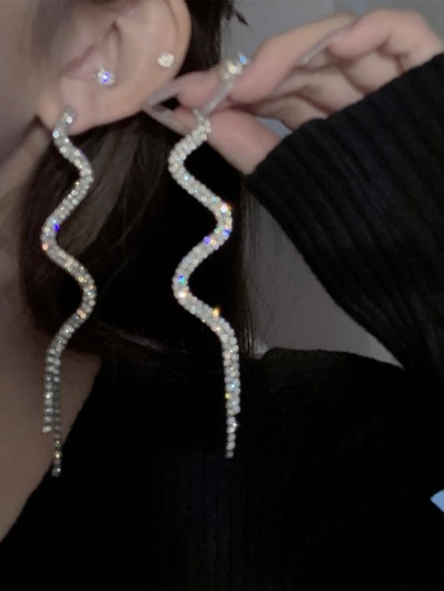 1pair Glamorous Zinc Alloy Rhinestone Tassel Drop Earrings For Women For Daily Decoration