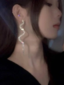 1pair Glamorous Zinc Alloy Rhinestone Tassel Drop Earrings For Women For Daily Decoration - Silver - View 3