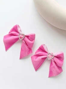 2pcs Solid Color Heart Ribbon Bow Hair Clip, Suitable For Daily Hair Clip Or Clipping Broken Hair - Pink - View 2