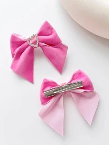 2pcs Solid Color Heart Ribbon Bow Hair Clip, Suitable For Daily Hair Clip Or Clipping Broken Hair - Pink - View 3