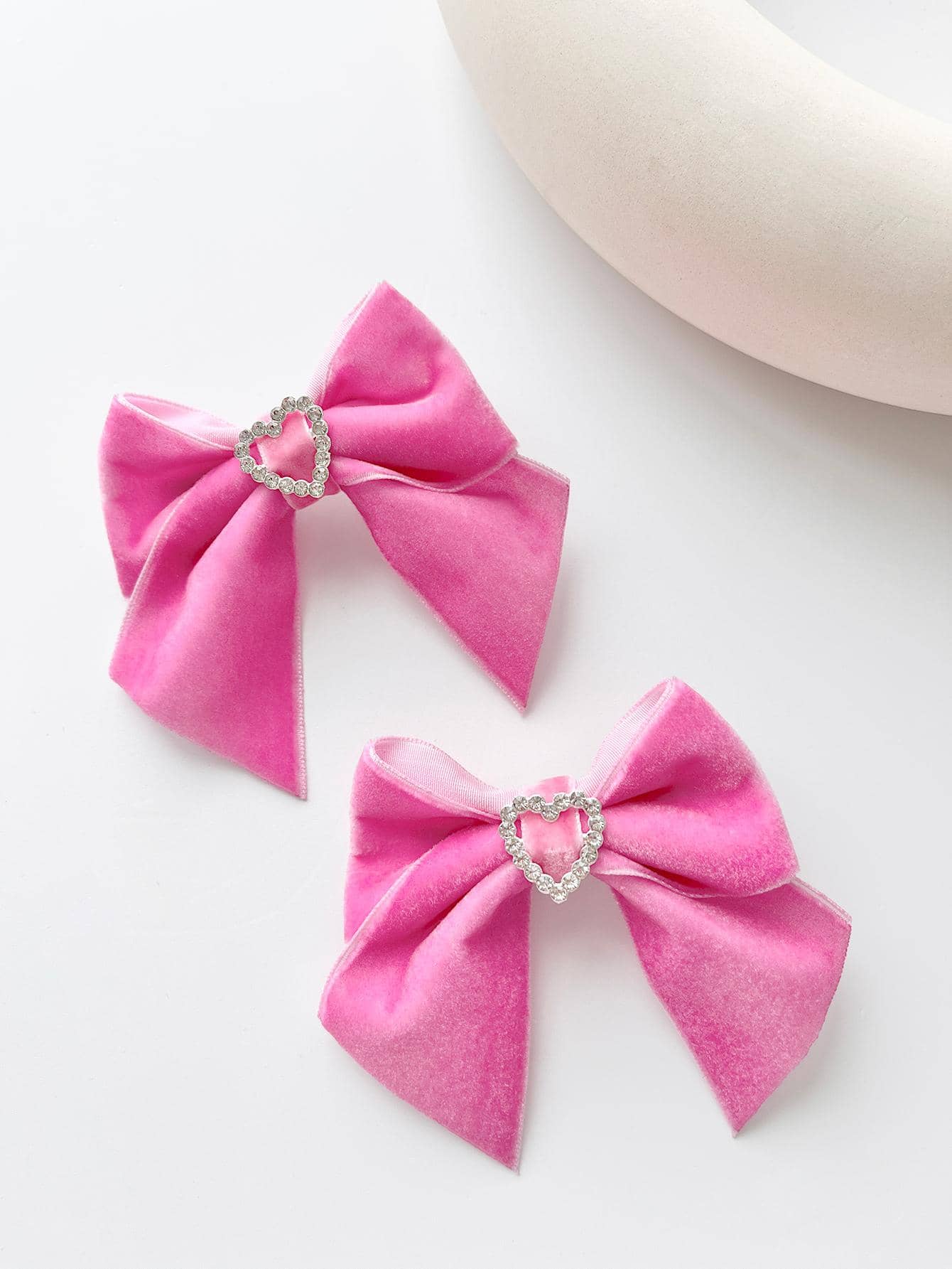 2pcs Solid Color Heart Ribbon Bow Hair Clip, Suitable For Daily Hair Clip Or Clipping Broken Hair - Pink - View 1