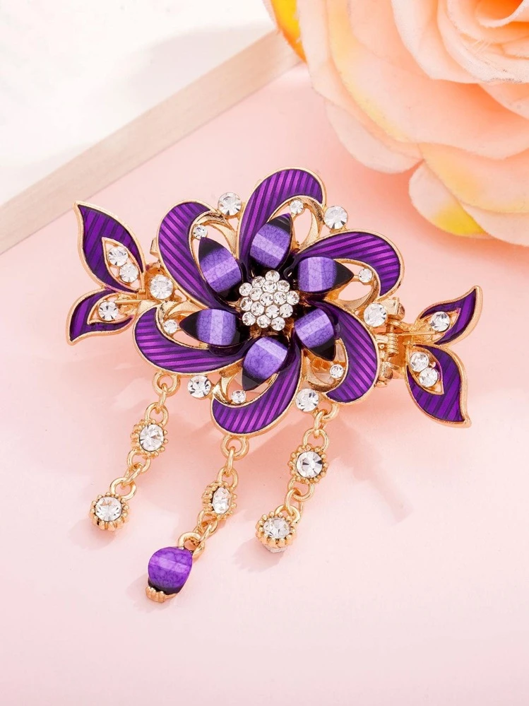 1 pieza Clip de pelo de mujer con decoración de flores y rhinestones, accesorio de moda para el cabello, elegante para el Día de San Valentín, accesorios para el cabello, pasadores, pinzas para el cabello, ganchos para el cabello, artículos escolares, accesorios para la cabeza, pasador - Morado - Añade 2
