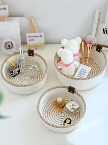 3pcs Contrast Bonding Woven Storage Basket, Simple Fabric Multi-purpose Desktop Storage Basket For Home - Khaki - View 1