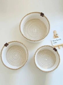 3pcs Contrast Bonding Woven Storage Basket, Simple Fabric Multi-purpose Desktop Storage Basket For Home - Khaki - View 3