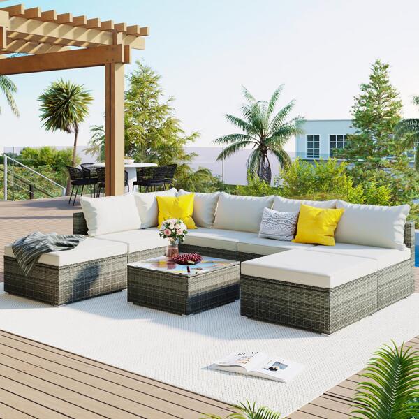 8Pieces Outdoor Patio Furniture Sets, Garden Conversation Wicker Sofa