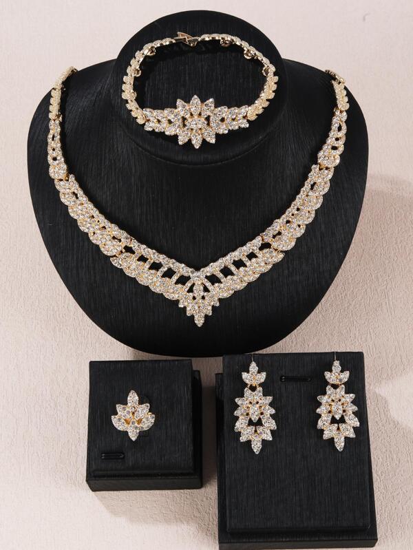 5pcs/Set Glamorous Zinc Alloy Rhinestone Flower Decor Jewelry Set For Women For Party Decoration Valentines,Mom,Mother,Mother's Day,Gift