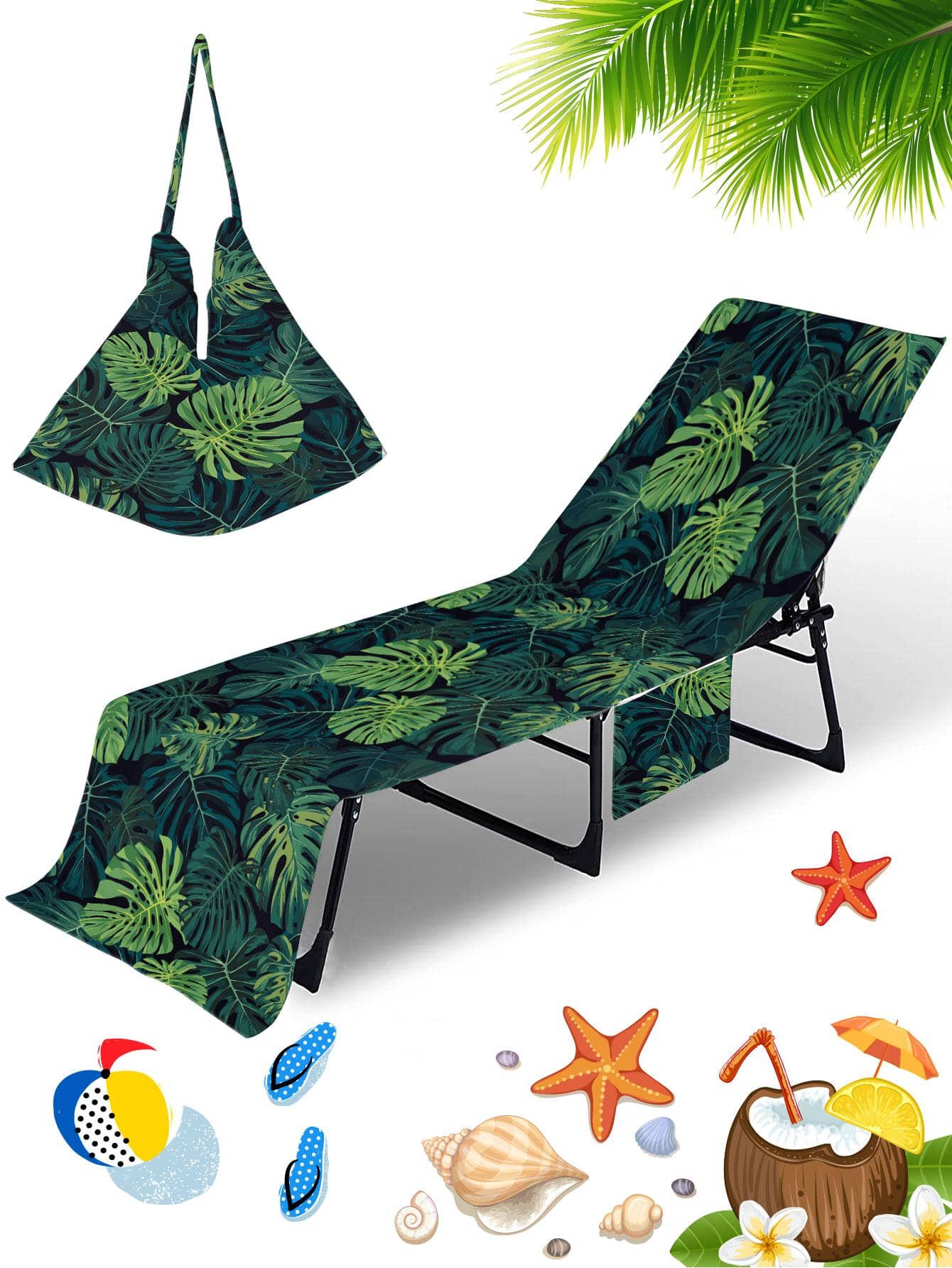 1pc Leaf Pattern Beach Chair Cover & Bag, Modern Microfiber Rectangle Travel Beach Towel For Swimming, Diving, Summer - Multicolor - View 1