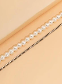 2入組極簡人造珍珠裝飾串珠項鏈和鏈條樣式項鍊適合男士日常裝飾用品適合情人節禮品 - 彩色 - 查看 5