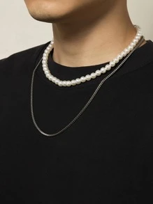 2入組極簡人造珍珠裝飾串珠項鏈和鏈條樣式項鍊適合男士日常裝飾用品適合情人節禮品 - 彩色 - 查看 3