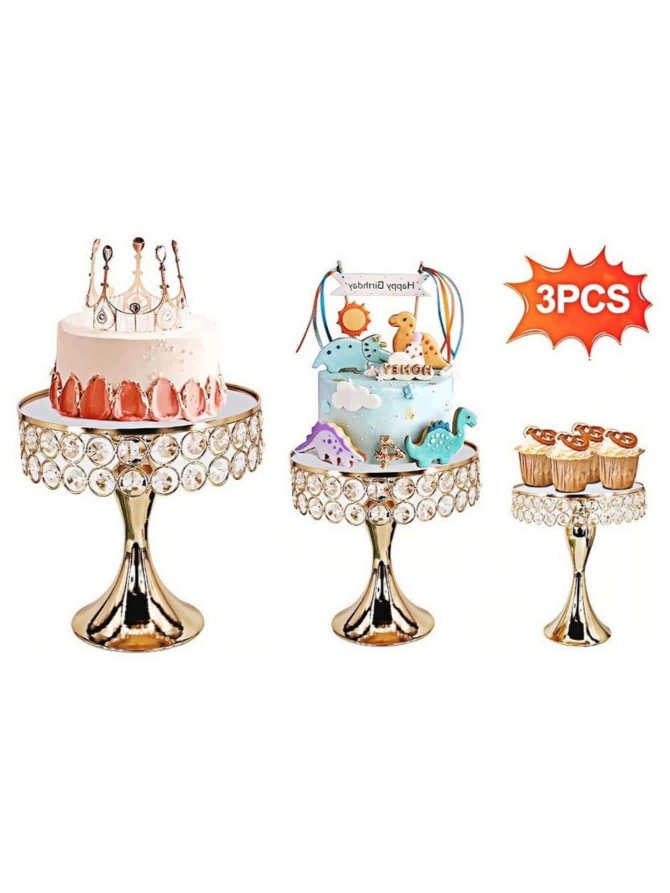 3pcs Bases De Pasteles Dorado-espejo Y Cristal Fantasía - Dorado - Ver 1