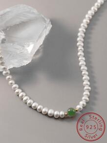 1 件随机优雅宝石装饰人造珍珠串珠纯银项链 适合女士送礼 - 白色 - 查看 2