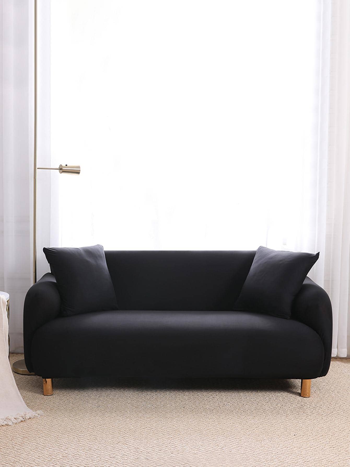 1入組素色彈力沙發套和1入組無填充物靠墊套，客廳用極簡主義滌綸沙發套和抱枕套 - 黑色 - 查看 1