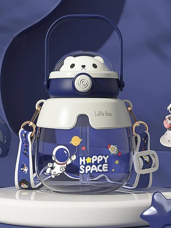 1入组帶吸管蓋PP水壺，卡通可愛熊設計戶外水壺