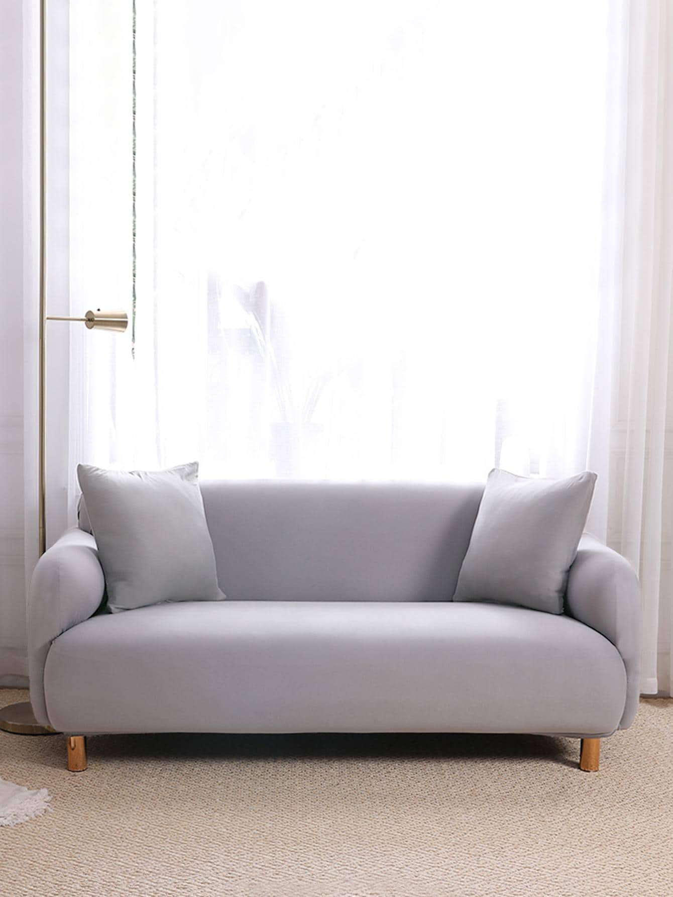 1入組素色彈力沙發套和1入組無填充物靠墊套，客廳用極簡主義滌綸沙發套和抱枕套 - 淺灰色 - 查看 1