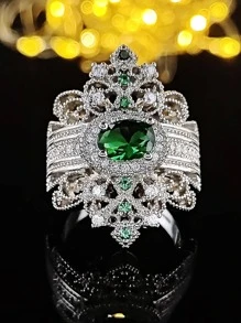 方晶鋯石裝飾戒指 - 綠色 - 查看 2