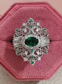 方晶鋯石裝飾戒指 - 綠色 - 查看 4