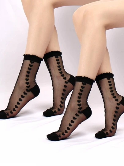 2 pares de calcetines de media pantorrilla de malla transparente con patrón de rayas verticales y corazones para mujer