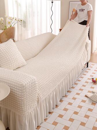 1入組素色荷葉邊沙發套和1入組無填充物靠墊套，客廳用極簡主義滌綸沙發套和抱枕套