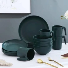 Plastic Dinnerware Set Of 16 Pieces, Unbreakable And Reusable Light Weight Plates Mugs Bowls Dishes Easy To Carry And Clean Microwave Safe Dishwasher Safe Service For 4, Including: 4 10 Inch Deep Plates, 4 9 Inch Deep Plates, 4 Soup Cereal Bowls, And 4 Mugs. Very Suitable For Picnics, Outdoor Activities, Poolside Activities, Travel, And Camping. Easy To Carry, Unbreakable, Durable, Unbreakable And Safe, Versatile, Dishwasher Safe: Easy To Clean, Dishwasher SafeThis Durable Material Is A Safer Alternative To Glass. Microwave Oven Safety. Multifunctional: These Plates Are Perfect For Eating Any Type Of Snack At Home Or Outdoors, In Cafes, Restaurants, Self-Service Areas, Parties, Events, Terraces, Poolsides, Picnics, Parks, Camping, Schools, And Even During Wilderness Trips Specifically Designed For Camping Or Travel, Making Them Easy To Carry. Safe To Use, Sturdy And Durable, With A Cutting Resistant Structure, No Need To Worry About Breakage After Falling - Dark Green - View 3