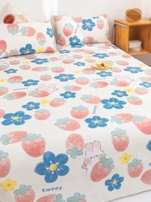 1入组花卉和草莓圖案床單，臥室卡通可愛布藝床上用品床單 - 彩色 - 查看 4
