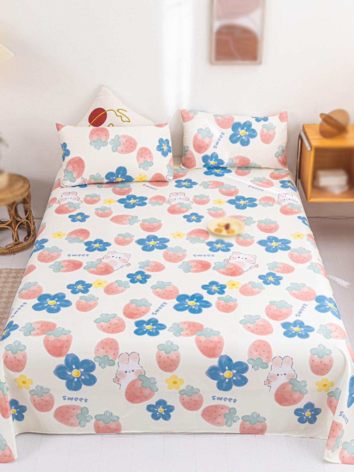 1入组花卉和草莓圖案床單，臥室卡通可愛布藝床上用品床單 - 彩色 - 查看 1