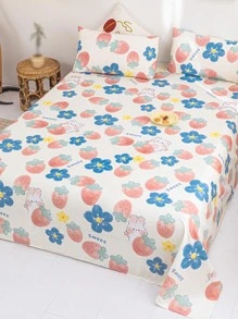 1入组花卉和草莓圖案床單，臥室卡通可愛布藝床上用品床單 - 彩色 - 查看 2