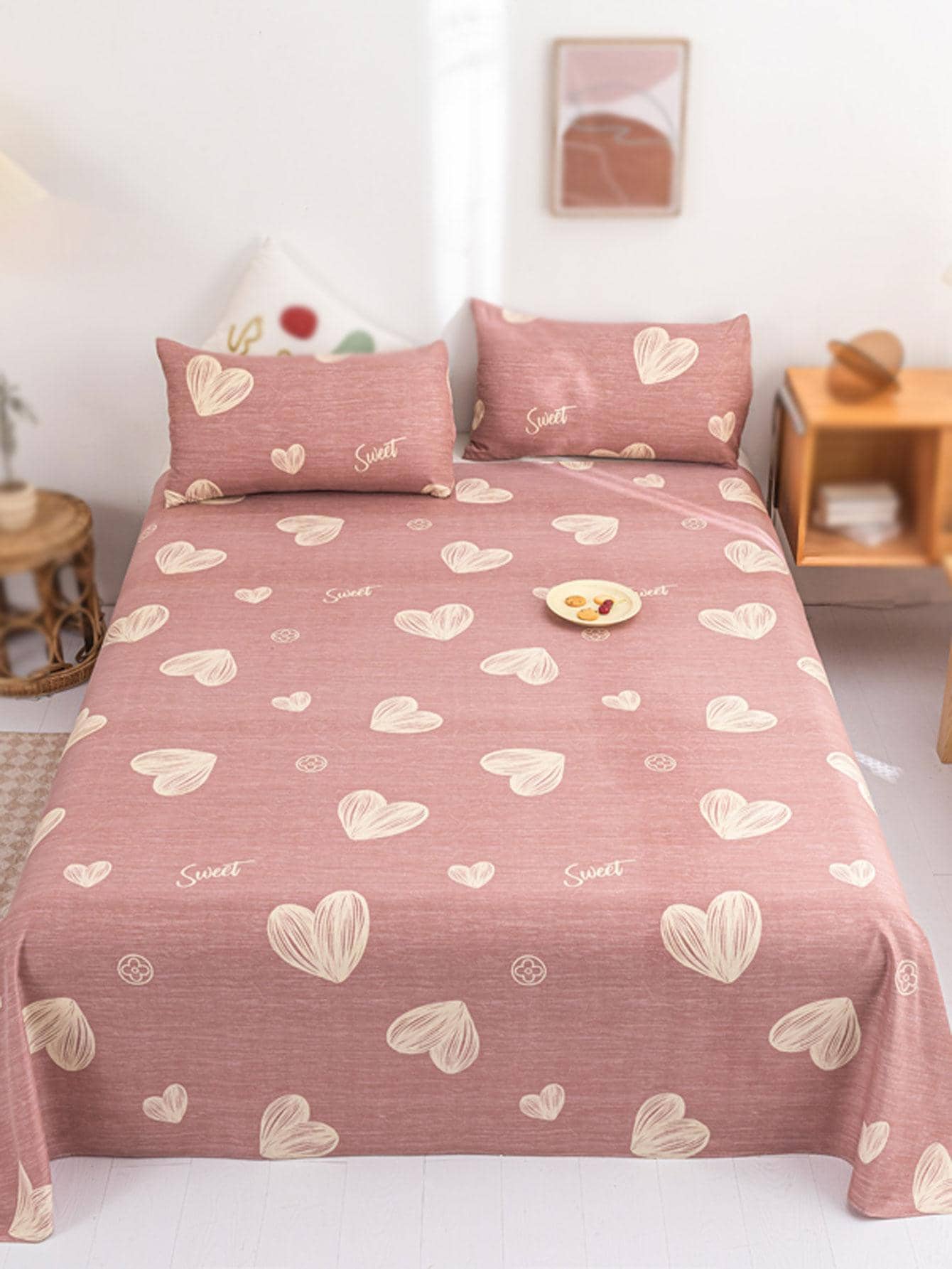 1 Tấm Phẳng In Hình Trái Tim, Bộ Đồ Giường Vải Hiện Đại Tấm Phẳng Cho Phòng Ngủ - Nhiều màu - Xem 1