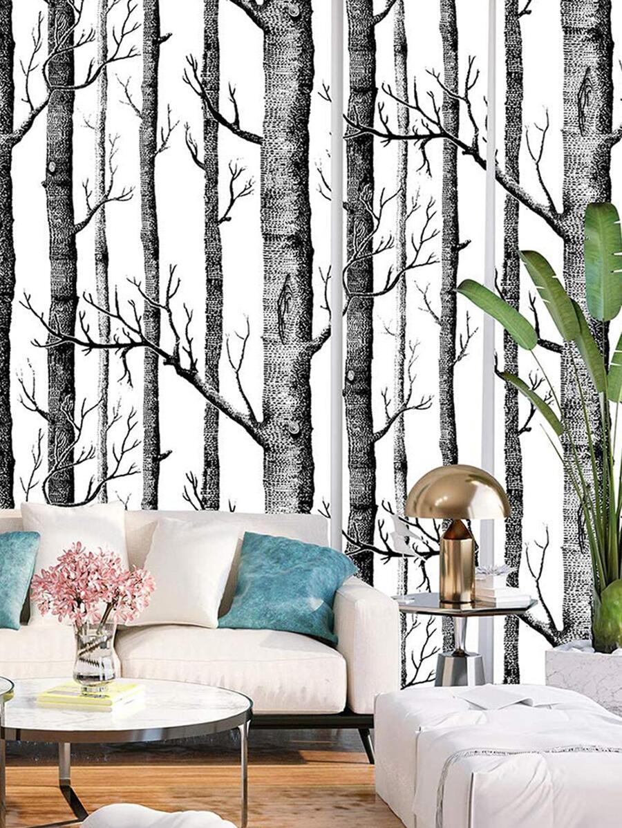 1 tờ giấy dán tường in hình cây, cuộn keo dán tường PVC hiện đại dùng để trang trí nhà cửa, miếng dán cải tạo, tấm ốp tường lột, giấy dán tường, giấy dán tường, vật dụng trang trí mùa xuân làm mới ngôi nhà của bạn, miếng dán trang trí Rama - Đen và trắng - Xem 1