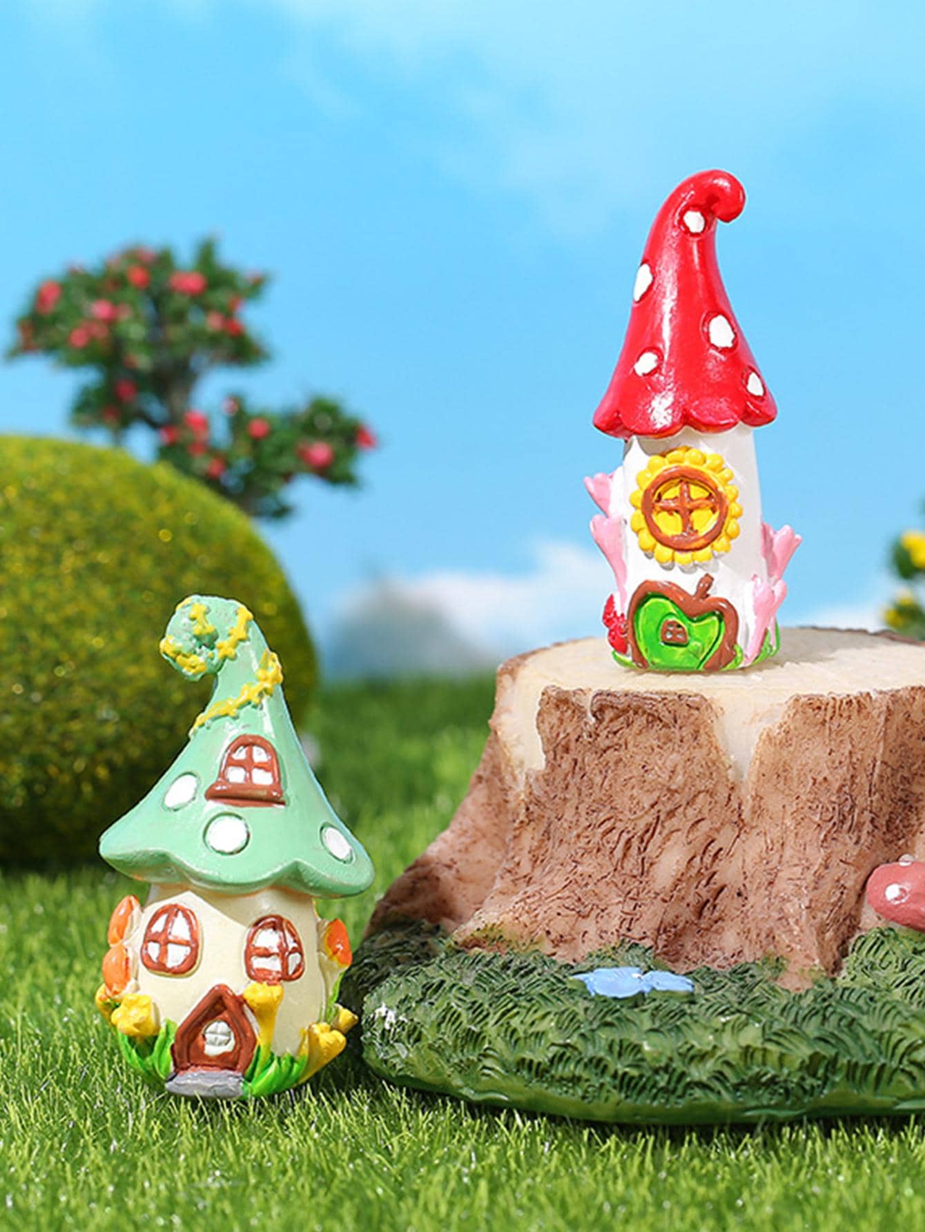 2入組蘑菇屋形微型花園雕像，現代ABS花園裝飾品 - 白色 - 查看 1