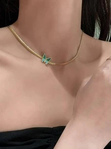 1入組時尚不銹鋼蝴蝶裝飾鏈條樣式項鍊適合女士日常裝飾 - 金色 - 查看 2