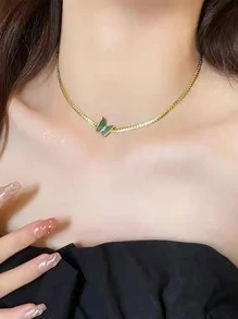 1入組時尚不銹鋼蝴蝶裝飾鏈條樣式項鍊適合女士日常裝飾 - 金色 - 查看 5