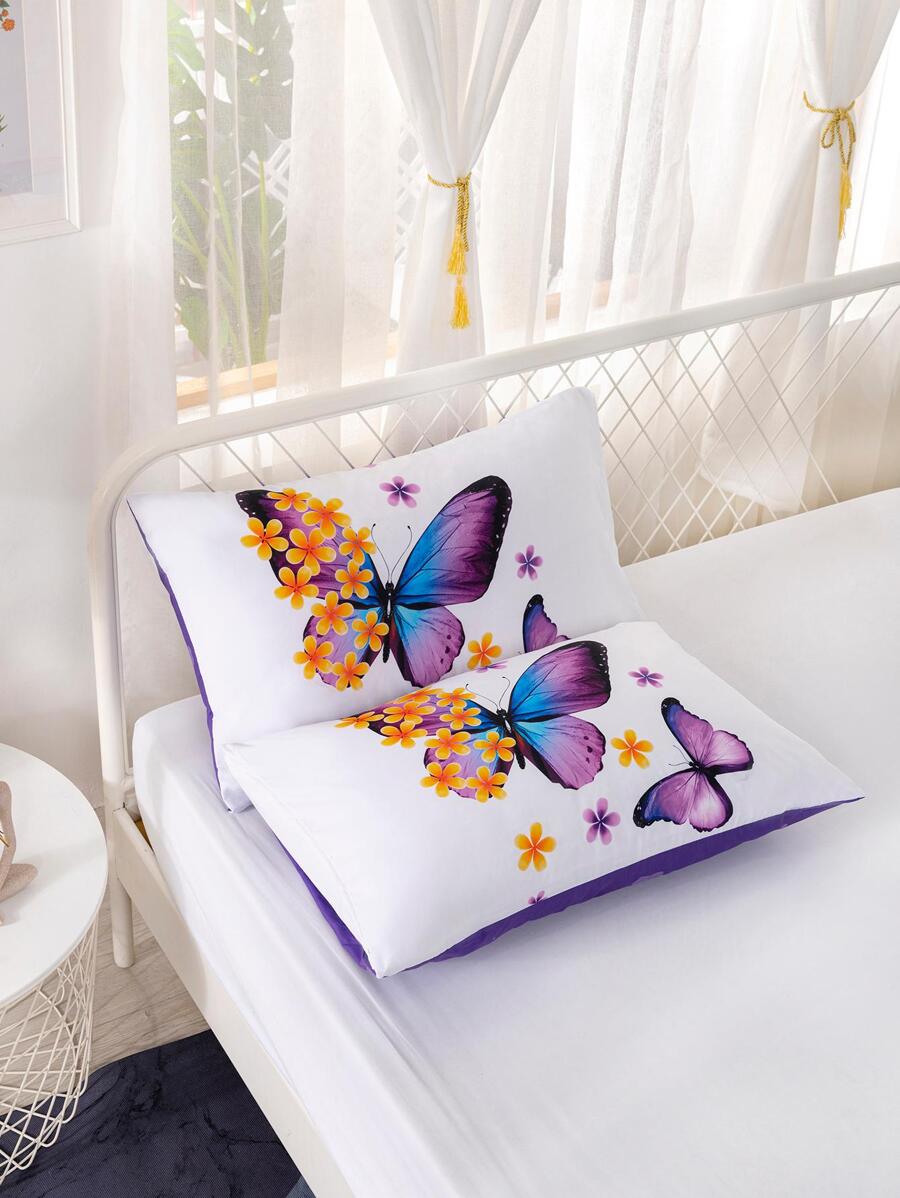 2入组蝴蝶印花枕套，無填充物，臥室現代布藝床枕套 - 彩色 - 查看 1