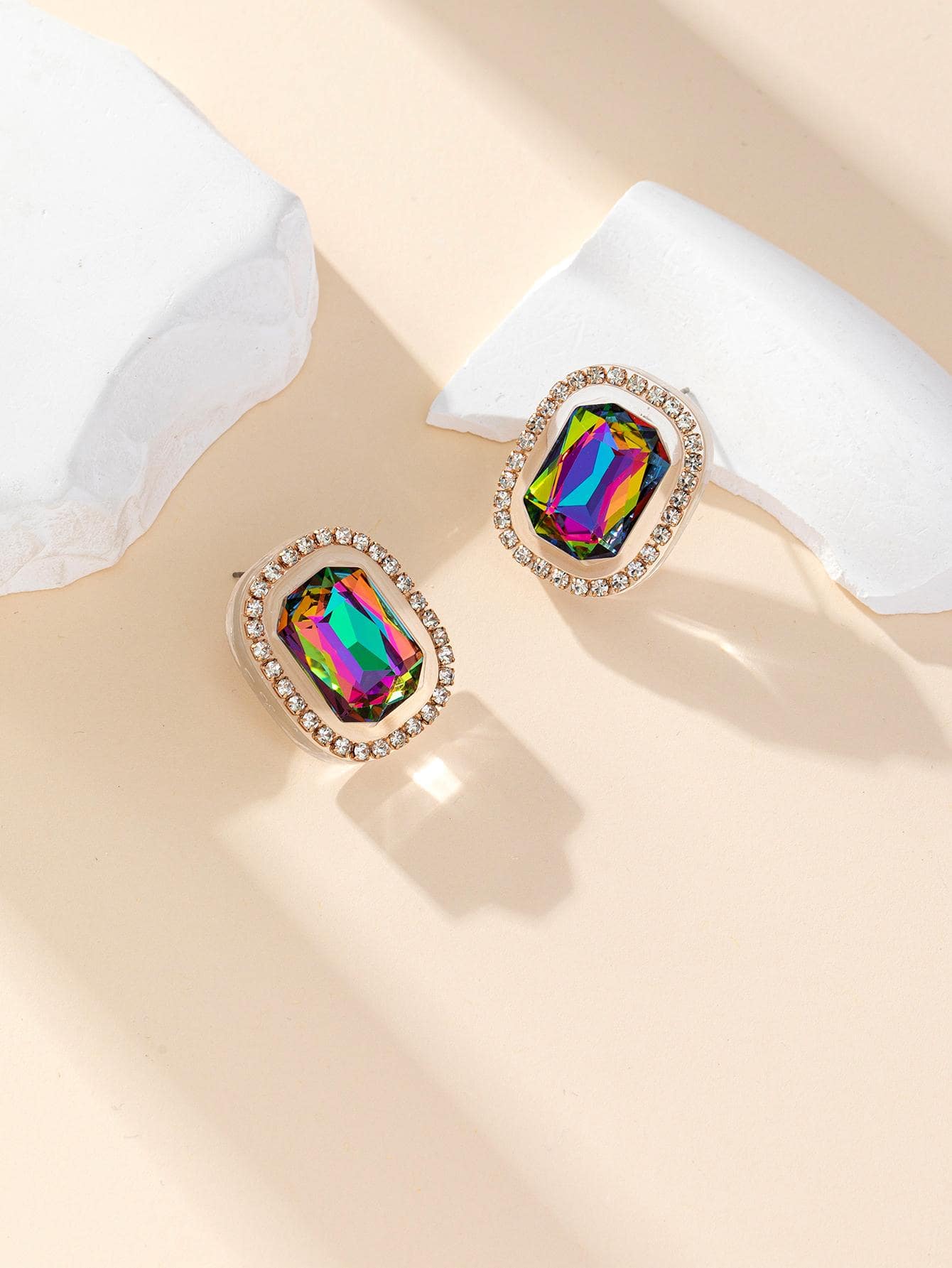 1對派對風格簡約幾何橢圓形寶石和鑲有水晶的女士耳釘 - 彩色 - 查看 1