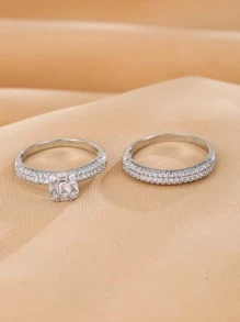 2pcs/Set Cubic Zirconia Rings Set, Fashionable Stackable Rings Suitable For Women's Daily Wear - Silver - View 2