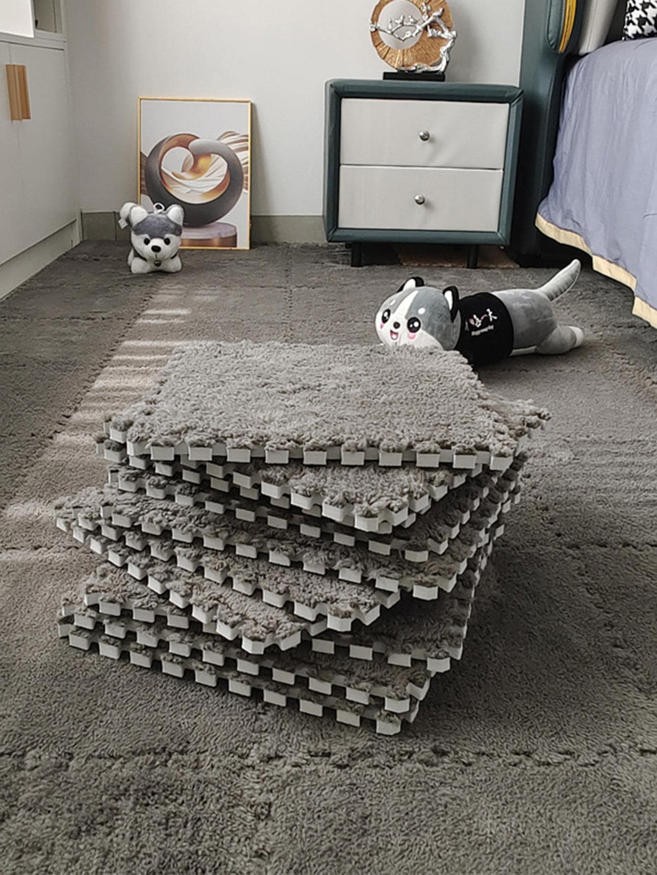 1pc Solid Color Fuzzy Rug, Modern EVA Anti-slip Floor Carpet For Bedroom - Grey - View 1