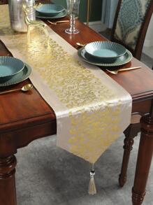 1入組花卉圖案流蘇裝飾長方桌布 - 米色 - 查看 2