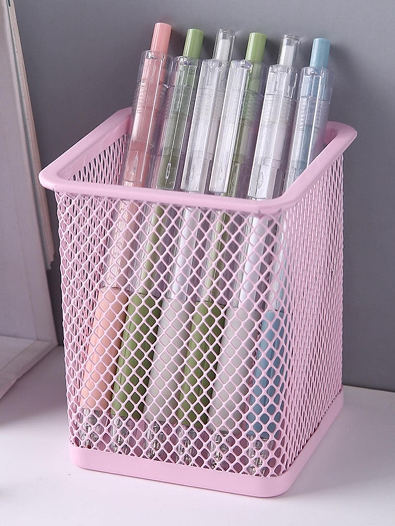 1pc Hollow Out Solid Color Pen Holder, Simple Multi-Purpose Stationery Storage Box For Office, School Student Back To School - Baby Pink - View 1