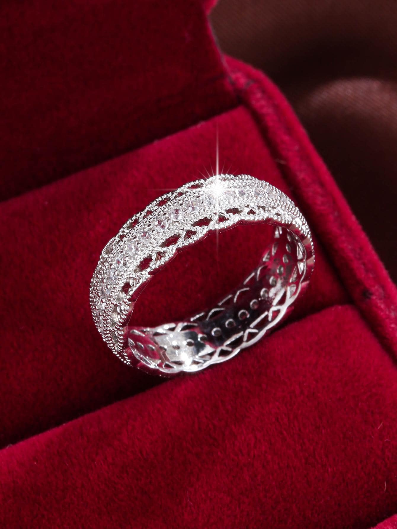 1枚优雅花卉设计立方氧化锆镶嵌女士戒指，休闲礼物 - 銀色 - 查看 1