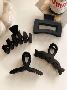 4入組女士黑色素色波浪和一字形設計休閒髮爪適用於返校 - 黑色 - 查看 1
