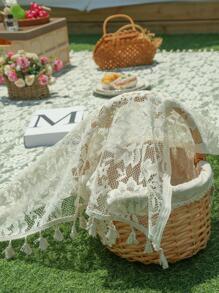 1pc Hollow Out Tassel Decor Outdoor Picnic Mat - Beige - View 1