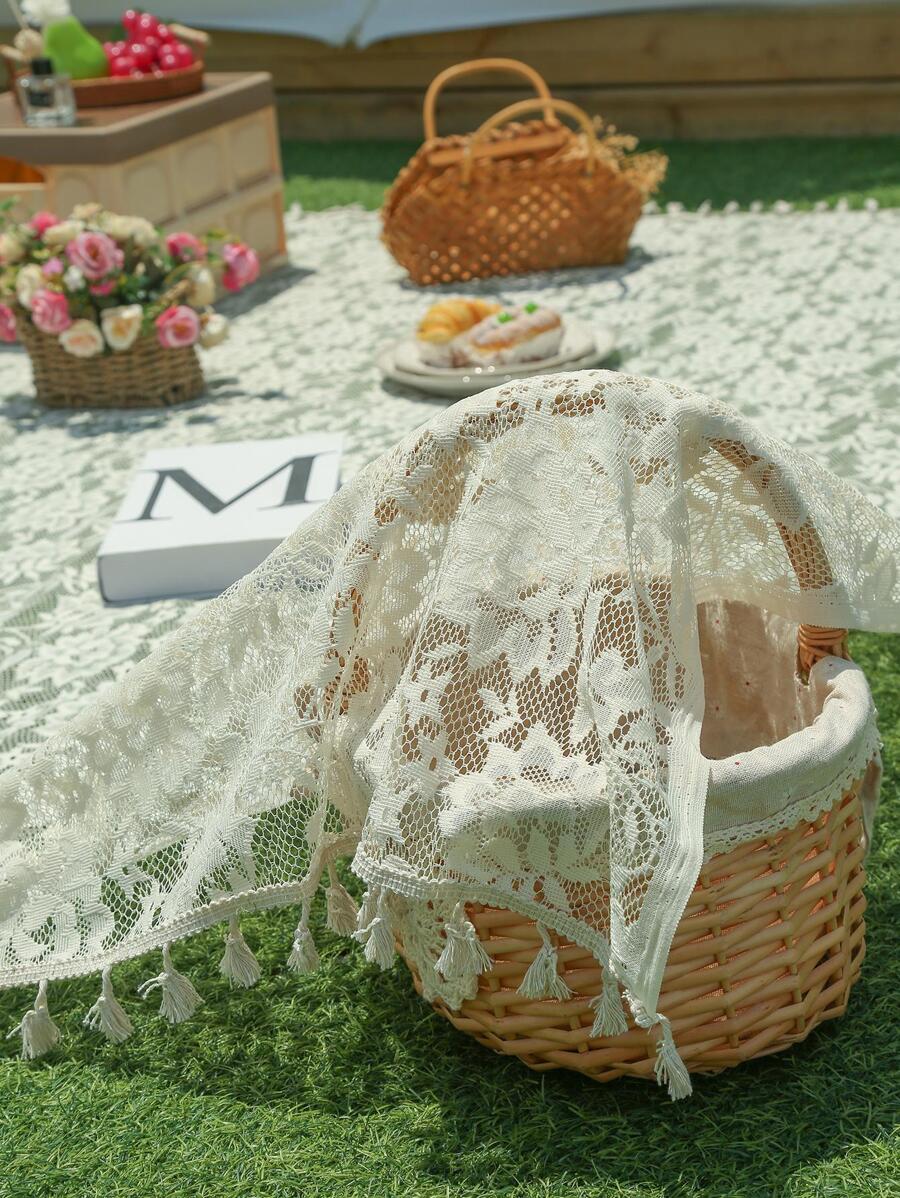 1pc Hollow Out Tassel Decor Outdoor Picnic Mat - Beige - View 1
