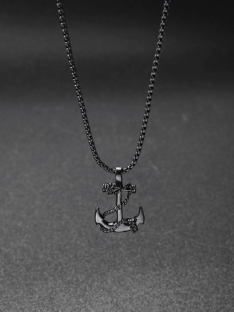 1 Stück minimalistischer Anker-Anhänger-Halskette für Männer, tägliche Dekoration als Valentinstags-Geschenk, Zinklegierung Schwarz