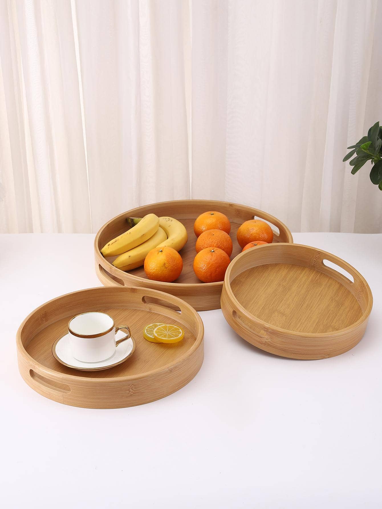 1入組圓形竹子託盤帶手柄 - 杏色 - 查看 1