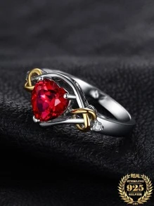 1入組魅力四射和奢華925純銀Love愛心設計精美多面心型切口實驗室製造紅色紅寶石銀戒指適合女士適合女孩適用於約會禮物日常裝飾精細首飾類 - 紅色 - 查看 1