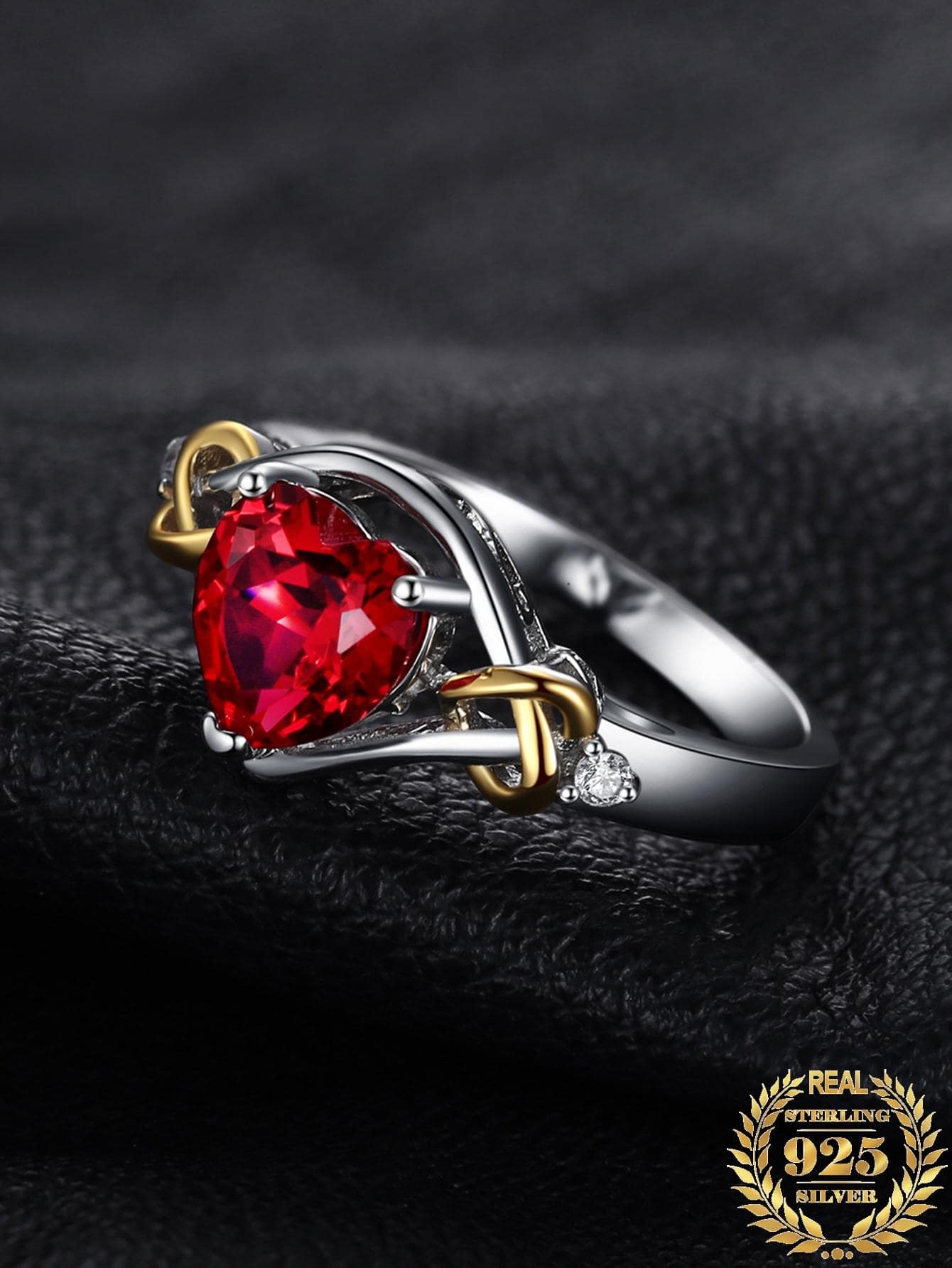 1入組魅力四射和奢華925純銀Love愛心設計精美多面心型切口實驗室製造紅色紅寶石銀戒指適合女士適合女孩適用於約會禮物日常裝飾精細首飾類 - 紅色 - 查看 1