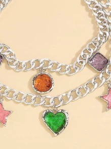 星星和愛心掛飾項鍊 - 銀色 - 查看 4