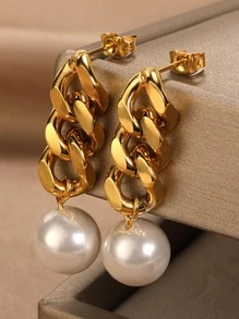 1雙時尚不銹鋼珍珠和鏈條裝飾耳墜適合女士適用於禮品 - 金黃色 - 查看 1